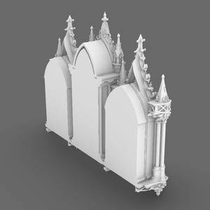May include: A 3D-rendered, white architectural model featuring a gothic design. The model has arched windows, spires, and ornate detailing. The structure is set against a gray background, showcasing its intricate design.