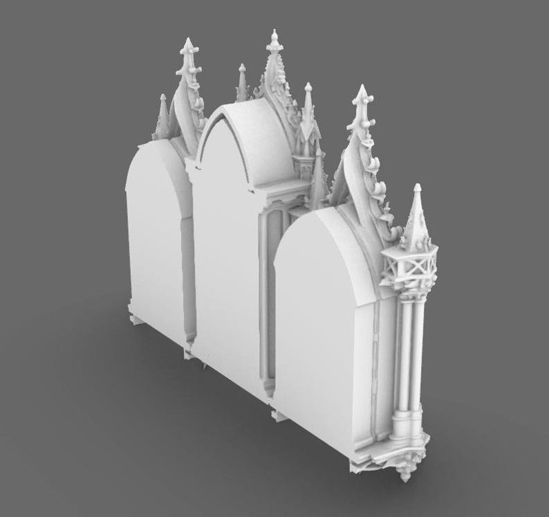 May include: A 3D-rendered, white architectural model featuring a gothic design. The model has arched windows, spires, and ornate detailing. The structure is set against a gray background, showcasing its intricate design.