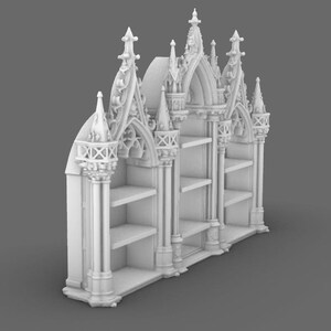 May include: A white, gothic-style bookshelf with multiple shelves. The bookshelf features ornate architectural details, including pointed arches, spires, and decorative columns. The design is reminiscent of a cathedral or church, with a focus on vertical lines and intricate carvings.