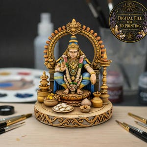 May include: A detailed, multi-colored statue of a seated deity, adorned with jewelry and a floral garland. The statue is set on a decorative base with small bowls and a plate of white objects. The image includes the text "DIGITAL FILE for 3D PRINTING".