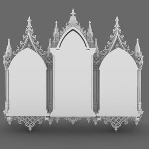 May include: A white, ornate, gothic-style mirror with three arched panels. The mirror features intricate architectural details, including spires, tracery, and decorative carvings. The overall design is symmetrical and elegant, with a focus on vertical lines and pointed arches.