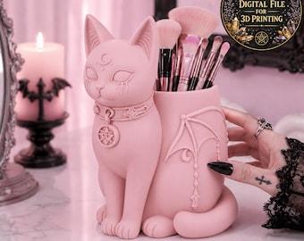Pastell Goth Ockult Cat Makeup Brush Holder och Desk Organizer STL-fil för 3D-utskrift