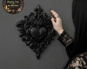 May include: Black ornate wall decor with a heart-shaped design and flame accents. The decorative piece is surrounded by intricate scrollwork and a fleur-de-lis at the top. A circular graphic with text "DIGITAL FILE FOR 3D PRINTING" is in the upper left.
