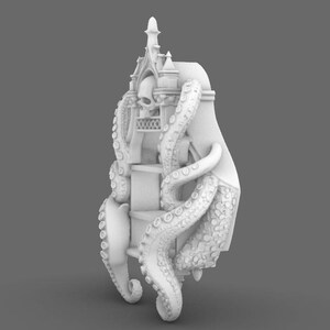 Puede incluir: Una escultura blanca de estilo g&oacute;tico que representa un pulpo y una calavera. La escultura tiene tent&aacute;culos detallados que envuelven una estructura con una calavera y una parte superior decorativa. El dise&ntilde;o es intrincado y detallado.