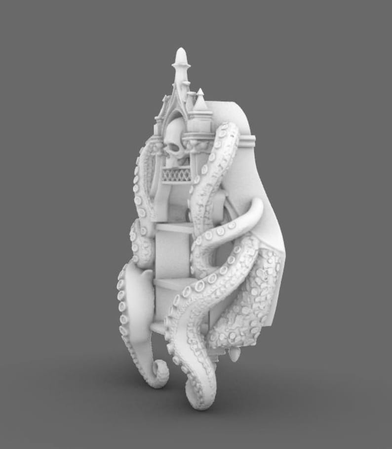 Puede incluir: Una escultura blanca de estilo g&oacute;tico que representa un pulpo y una calavera. La escultura tiene tent&aacute;culos detallados que envuelven una estructura con una calavera y una parte superior decorativa. El dise&ntilde;o es intrincado y detallado.