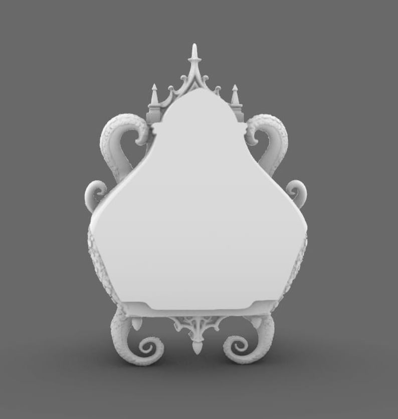 Puede incluir: Un espejo blanco y ornamentado con un dise&ntilde;o &uacute;nico. El espejo presenta un marco decorativo con acentos en forma de tent&aacute;culos en los lados y una estructura similar a una corona en la parte superior. La base tiene un dise&ntilde;o en forma de voluta. La est&eacute;tica general es g&oacute;tica y de fantas&iacute;a.