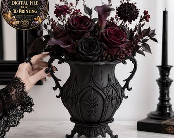 May include: A black decorative vase filled with dark red and black flowers. The vase has ornate detailing and handles. The image includes a black candle and the text "DIGITAL FILE FOR 3D PRINTING".