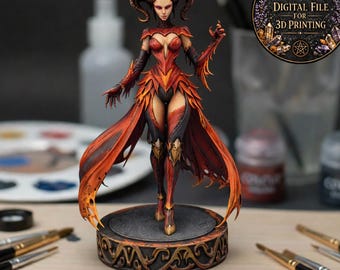 May include: A detailed figurine of a female demon with horns, wearing a red and black outfit. The figure is standing on a decorative base. The image includes the text "DIGITAL FILE FOR 3D PRINTING".