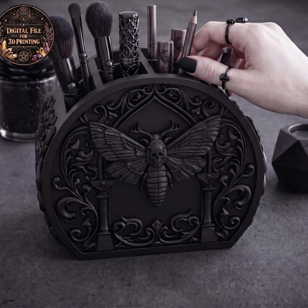 Organizer goth moth skull Death Moth pen holder and makeup STL file for 3D printing gothic design dark baroque elegant desk