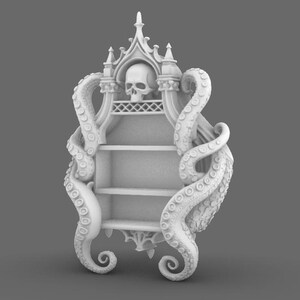 Puede incluir: Una estanter&iacute;a blanca de estilo g&oacute;tico con tres estantes. La parte superior presenta una calavera y detalles ornamentados. Dos grandes tent&aacute;culos enmarcan los lados, a&ntilde;adiendo un elemento de fantas&iacute;a &uacute;nico al dise&ntilde;o. La estanter&iacute;a es una pieza decorativa.