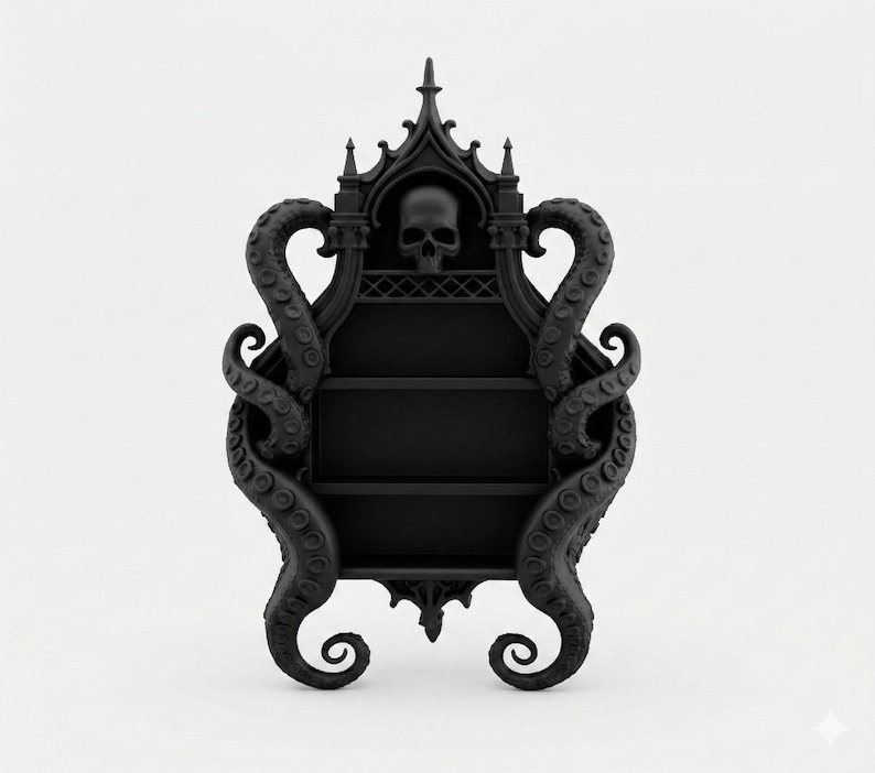 Puede incluir: Estanter&iacute;a de pared negra de estilo g&oacute;tico con tres estantes. La parte superior presenta una calavera y detalles ornamentados. Dos tent&aacute;culos enmarcan los lados, agregando una est&eacute;tica oscura &uacute;nica.