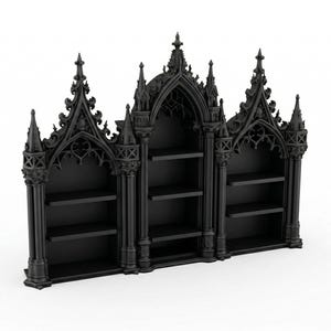 May include: A black gothic-style bookshelf with three sections. Each section has shelves for storage. The bookshelf features intricate architectural details, including pointed arches and decorative spires, creating a dramatic and ornate appearance.