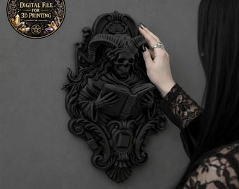 May include: A black gothic wall plaque depicting a horned skull reading a book, with intricate detailing and a matte finish. The text "DIGITAL FILE FOR 3D PRINTING" is displayed on a circular graphic. The design is ornate.