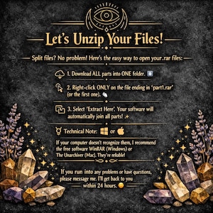 Puede incluir: Gr&aacute;fico informativo con el texto "Let's Unzip Your Files!". Explica c&oacute;mo abrir archivos .rar, con instrucciones para descargar, hacer clic derecho y extraer. La imagen incluye cristales y elementos florales decorativos.