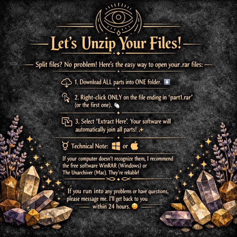 Puede incluir: Gr&aacute;fico informativo con el texto "Let's Unzip Your Files!". Explica c&oacute;mo abrir archivos .rar, con instrucciones para descargar, hacer clic derecho y extraer. La imagen incluye cristales y elementos florales decorativos.