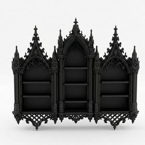 May include: Black gothic-style bookshelf with three sections and multiple shelves. The bookshelf features ornate architectural details, including pointed arches, spires, and decorative tracery. The dark color and intricate design create a dramatic and elegant aesthetic.