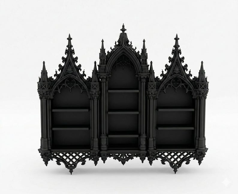 May include: Black gothic-style bookshelf with three sections and multiple shelves. The bookshelf features ornate architectural details, including pointed arches, spires, and decorative tracery. The dark color and intricate design create a dramatic and elegant aesthetic.
