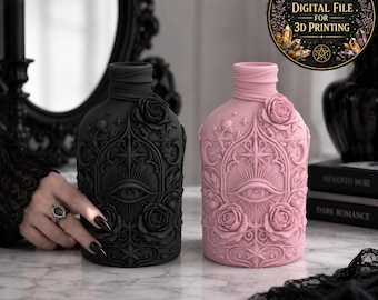 Botella decorativa gótica mística con forma de ojo y rosas, jarrón ornamental gótico, archivo STL para impresión 3D, decoración ocultista.