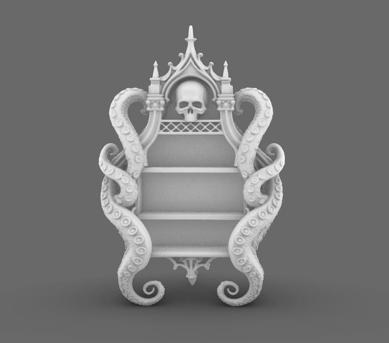 Puede incluir: Estanter&iacute;a blanca de estilo g&oacute;tico con una calavera en la parte superior y dos tent&aacute;culos a cada lado. La estanter&iacute;a tiene tres niveles y est&aacute; dise&ntilde;ada con detalles intrincados. El dise&ntilde;o general recuerda un tema de fantas&iacute;a u horror.