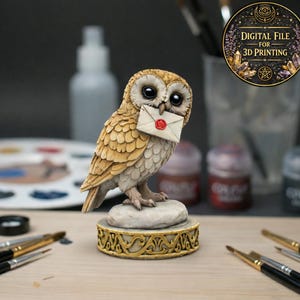 May include: A detailed owl figurine holding a small envelope with a red wax seal. The owl is perched on a stone base atop a decorative stand with gold accents. The owl has large, dark eyes and detailed feathering.