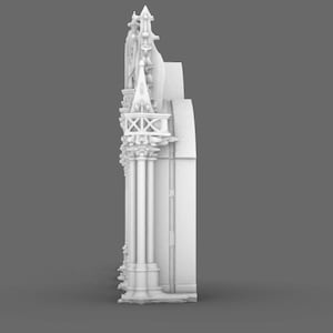 May include: A white, architectural model featuring intricate details. The design includes columns, spires, and decorative elements, showcasing a classical or gothic style. The model is set against a neutral gray background.