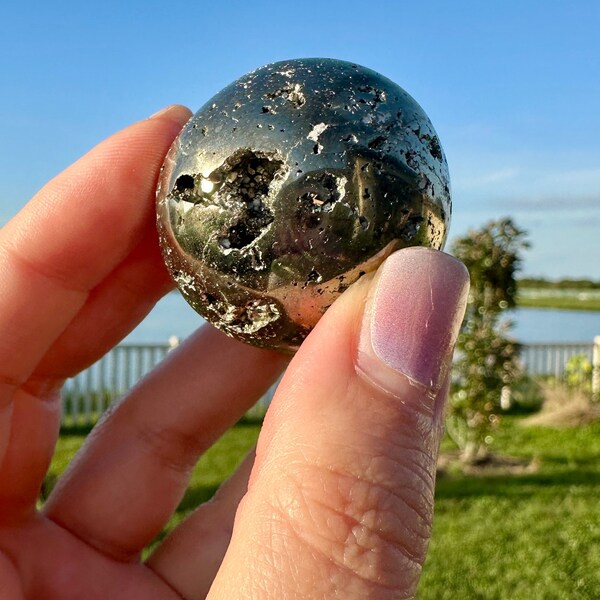 Stunning Pyrite Druzy Sphere - Luxurious Golden Crystal Ball, Perfect for Home Decor & Energy Healing, Ideal Gift for Crystal Enthusiasts