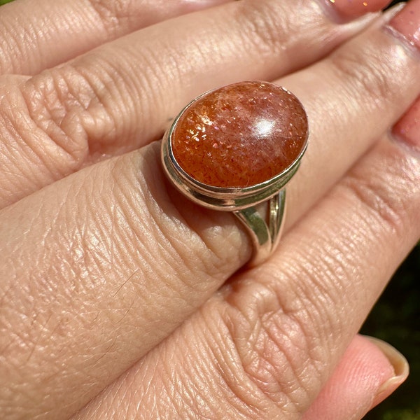 Sunstone Freeform Piece - Illuminate Sterling Silver Sunstone Ring Size 8 - Radiant Handcrafted Jewelry for Positivity and Joy, Perfect for