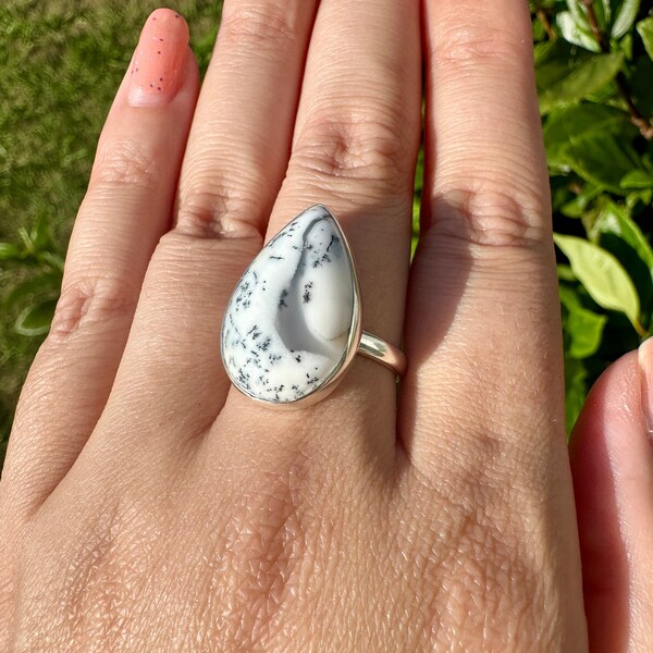 Dendritic Opal Ring, Size 9.25 - Elegant Sterling Silver Band, Unique Black and White Gemstone, Perfect Gift for Her, Artisan Jewelry