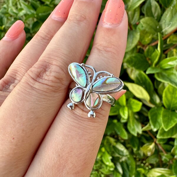 Enchanting Abalone Butterfly Ring - Adjustable Band, Iridescent Wings, Handcrafted Unique Accessory for Everyday Wear