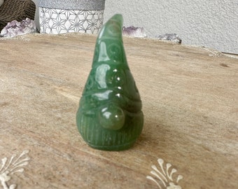 Green Aventurine Gnome Carving: Handmade Gemstone Figurine for Luck and Prosperity, Unique Decorative Piece for Home and Garden