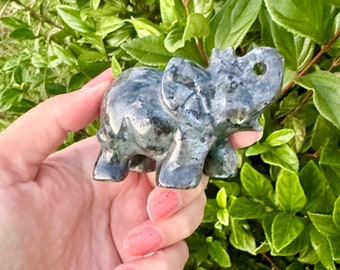 Majestic Larvikite Elephant Carving | Handcrafted Grey Stone Figurine | Ideal for Home Decor, Feng Shui, and Collectors