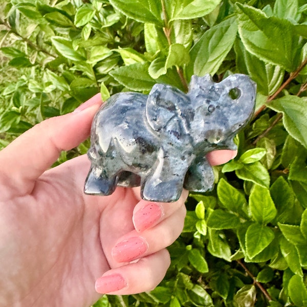 Majestic Larvikite Elephant Carving | Handcrafted Grey Stone Figurine | Ideal for Home Decor, Feng Shui, and Collectors