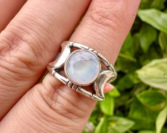 Triple Moon Ring Size 7.25 - Rainbow Moonstone, Silver Band, Goddess Symbol, Spiritual Jewelry , Enhances Intuition (Copy)