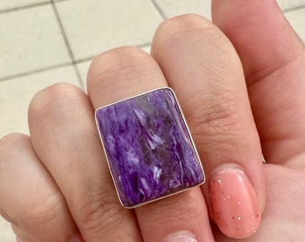 Charoite Sterling Silver Ring, Size 8.75, Exquisite Purple Gemstone, Elegant Handcrafted Jewelry, Perfect Gift for Special Occasions, Unique