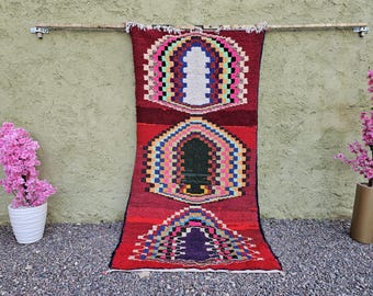 Boho abstrakt konstmatta – Handvävd marockansk matta – Unik färgglad väggbonad textil