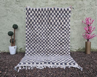 Gray Checkered Moroccan Shag Rug, Handmade Wool Rug