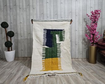 Handgefertigter Berber Teppich, Kelim, Boujaad, Grün und Weiß