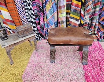Handmade Moroccan Leather Camel Saddle Stool, Vintage Ottoman