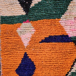 May include: Close-up of a colorful, textured rug with geometric patterns. The rug features orange, green, black, pink, and blue shapes. The rug's design is a mix of triangles and diamond shapes, creating a vibrant and eye-catching textile.