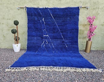 Solid Shaggy Berber Rug - Blue Beni Ourain Rug - Handmade Moroccan