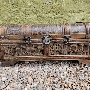 Vintage Wooden Treasure Chest with Faux Crocodile Leather Detail – Boho Storage Trunk