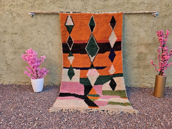 Boho Geometric Moroccan-Style Rug – Handwoven Colorful Area Rug with Diamond Pattern, Abstract Wool Carpet