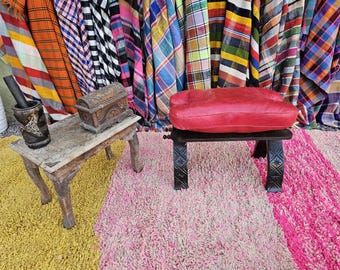 Handmade Moroccan Camel Saddle Stool, Red Leather Cushion