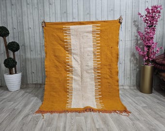 Handmade Berber Wool Rug, Moroccan Woven Beni Ourain, White & Orange