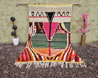 Custom Abstract Beni Ourain Rug: Handwoven Moroccan Wool, Green & Pink