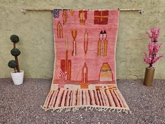 Handwoven Blush Pink Moroccan Rug – Boho Wool Area Rug