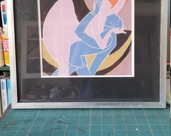 Peinture tango, gouache colorée, encadré 40,4 cm carré