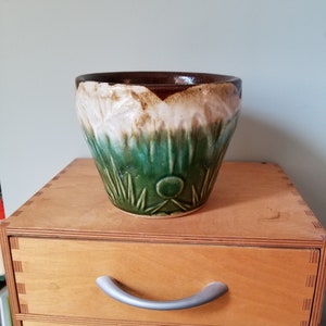May include: A green and brown glazed ceramic planter with a white rim and a geometric design. The planter is sitting on a wooden surface.
