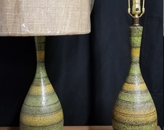 Pair of Mid Century Striped Green Table Lamps, Mod Style, Reduced Price, SALE