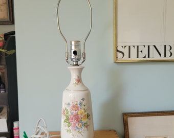 Vintage White lamp with floral Decal, medium table lamp